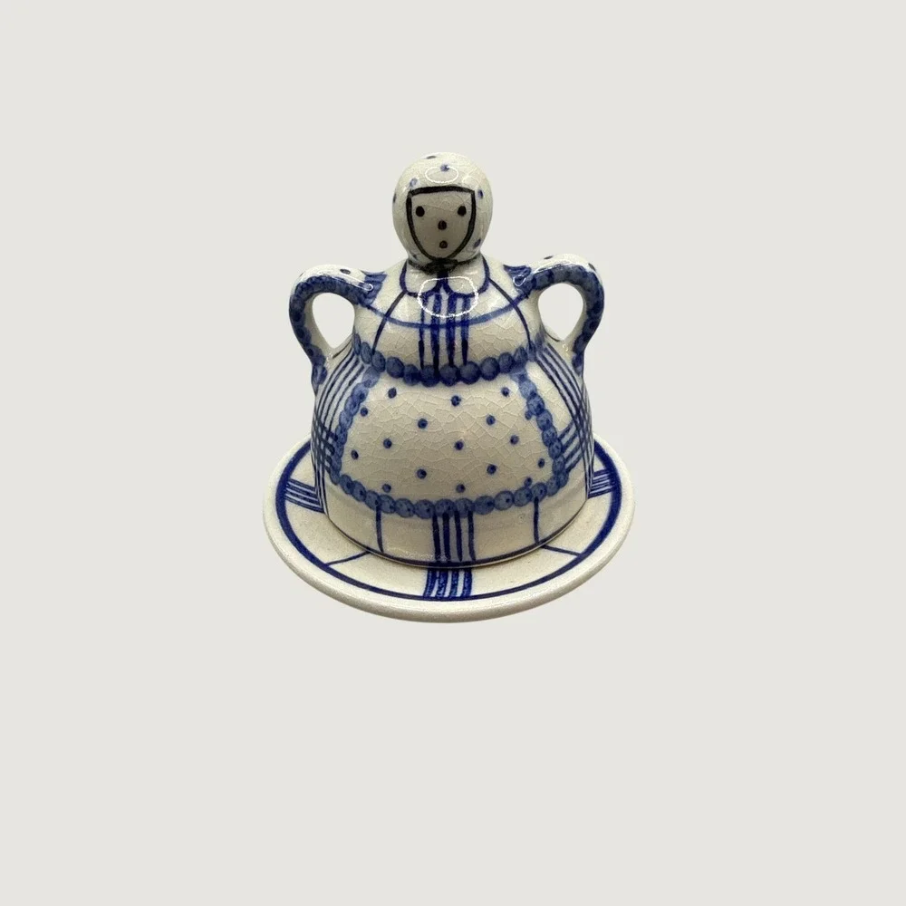 Heide Germany Original Bunzlau Blue White Figural‎ Cheese Butter Dish Set